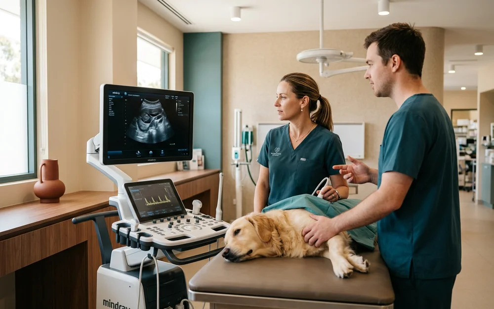 Veterinary surgeon reviewing an abdominal ultrasound image on a clinic monitor
