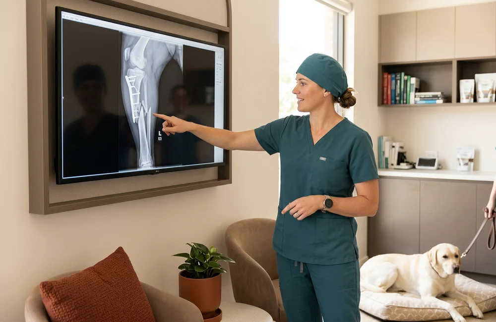 Veterinary surgeon reviewing an orthopedic limb radiograph on a clinic monitor