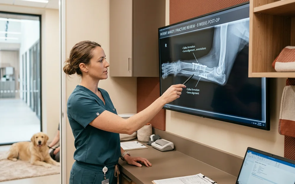 Veterinary surgeon reviewing an orthopedic limb radiograph showing fracture healing progress