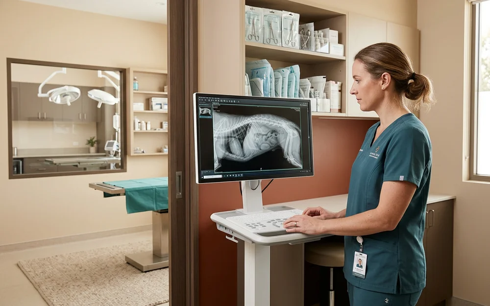 Veterinary surgeon reviewing pre-operative abdominal radiographs before emergency surgery