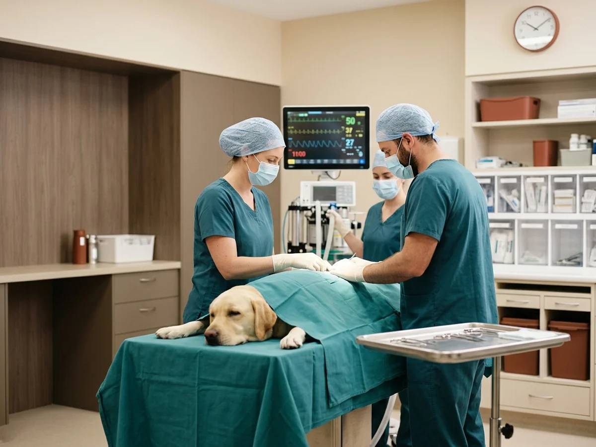 Veterinary surgical team around a monitored sleeping labrador during an urgent abdominal procedure