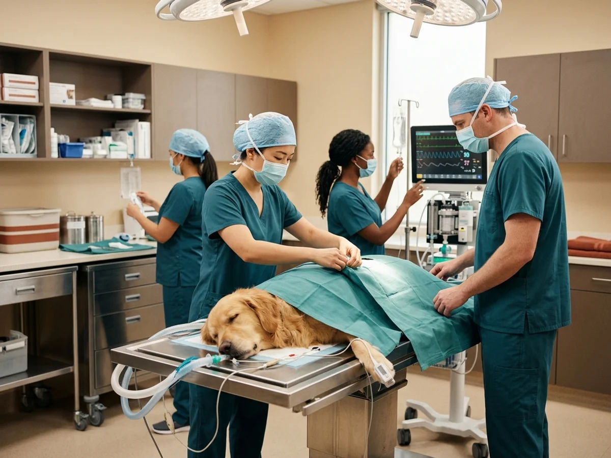 Veterinary surgical team preparing for an urgent abdominal procedure on a monitored sleeping female dog