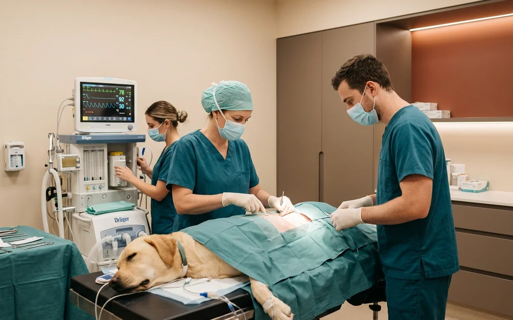 Veterinary surgical team monitoring a sleeping dog during a careful abdominal procedure