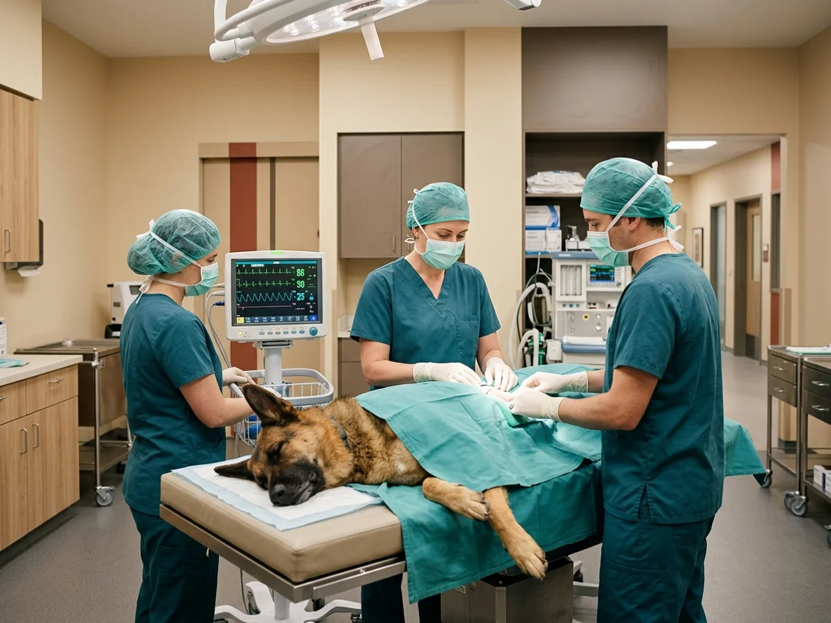 Veterinary surgical team performing a complex abdominal procedure on a monitored sleeping shepherd