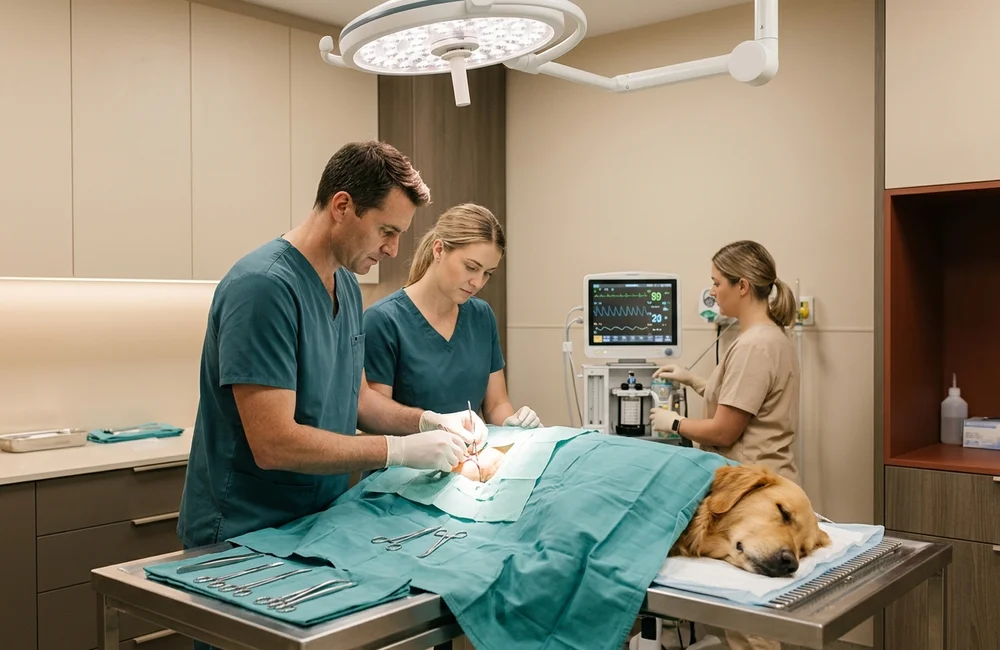Veterinary surgical team performing an orthopedic procedure on a monitored sleeping dog