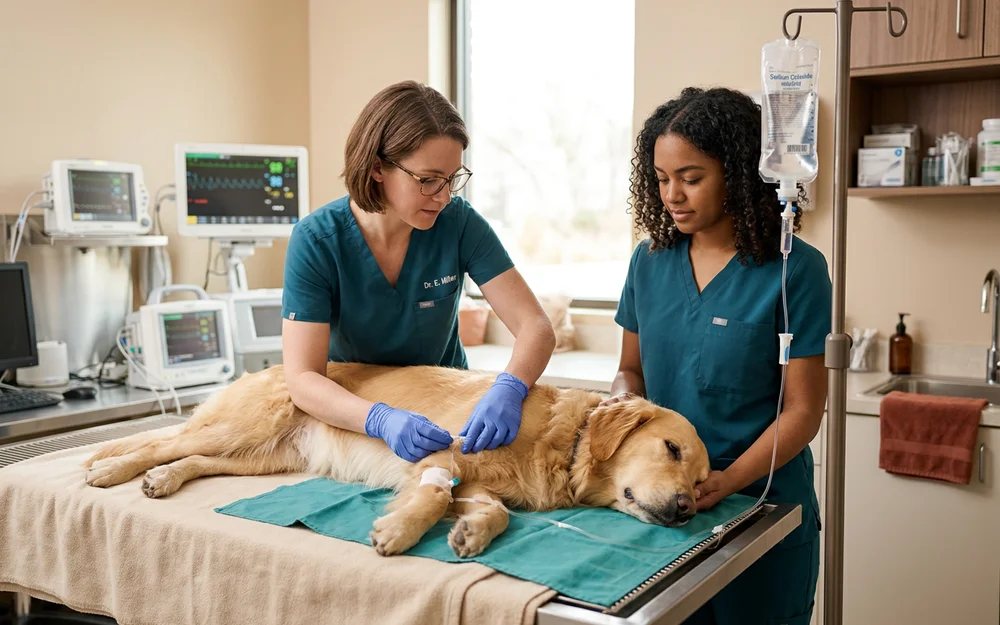 Veterinary team preparing an intravenous fluid line for an unwell dog