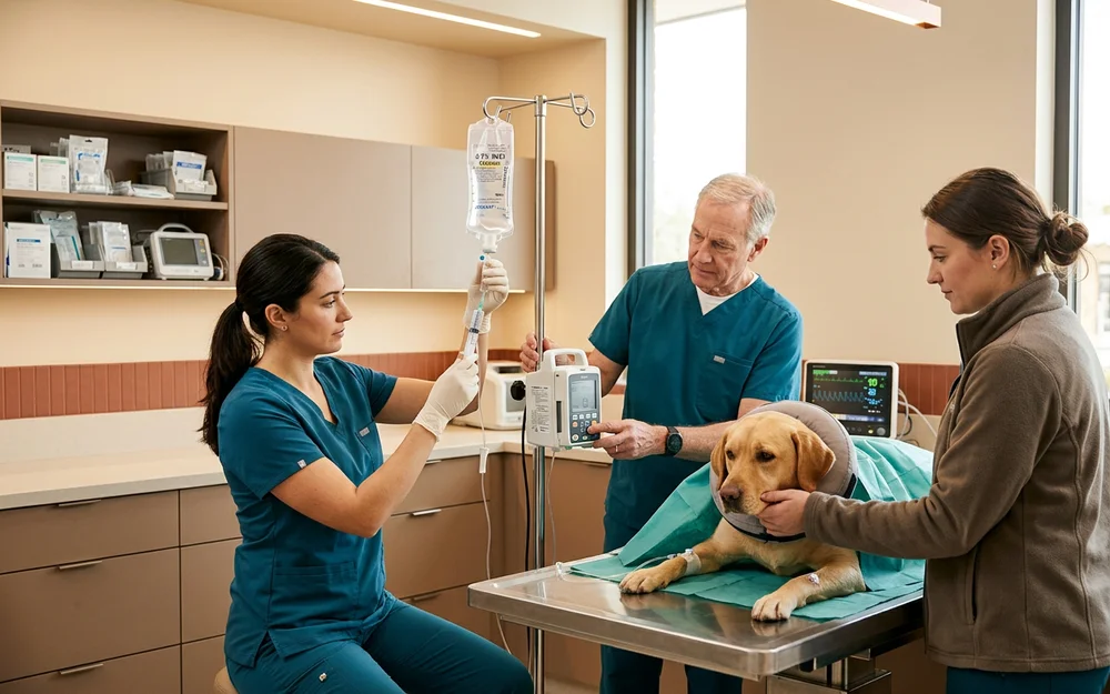 Veterinary team preparing intravenous antibiotics and fluids for an urgent case