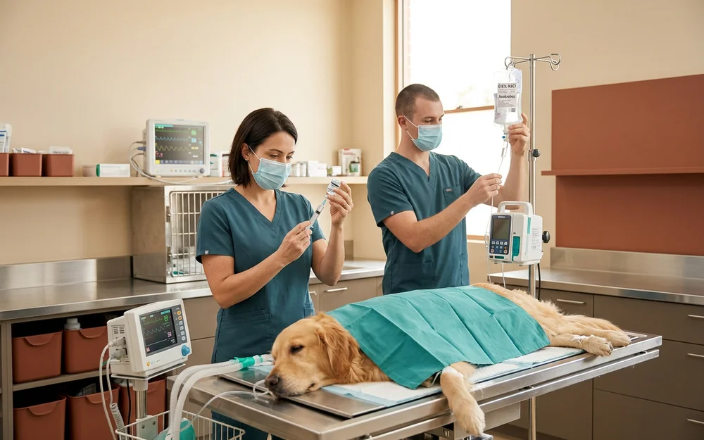 Veterinary team preparing intravenous fluids and antibiotics for an emergency case