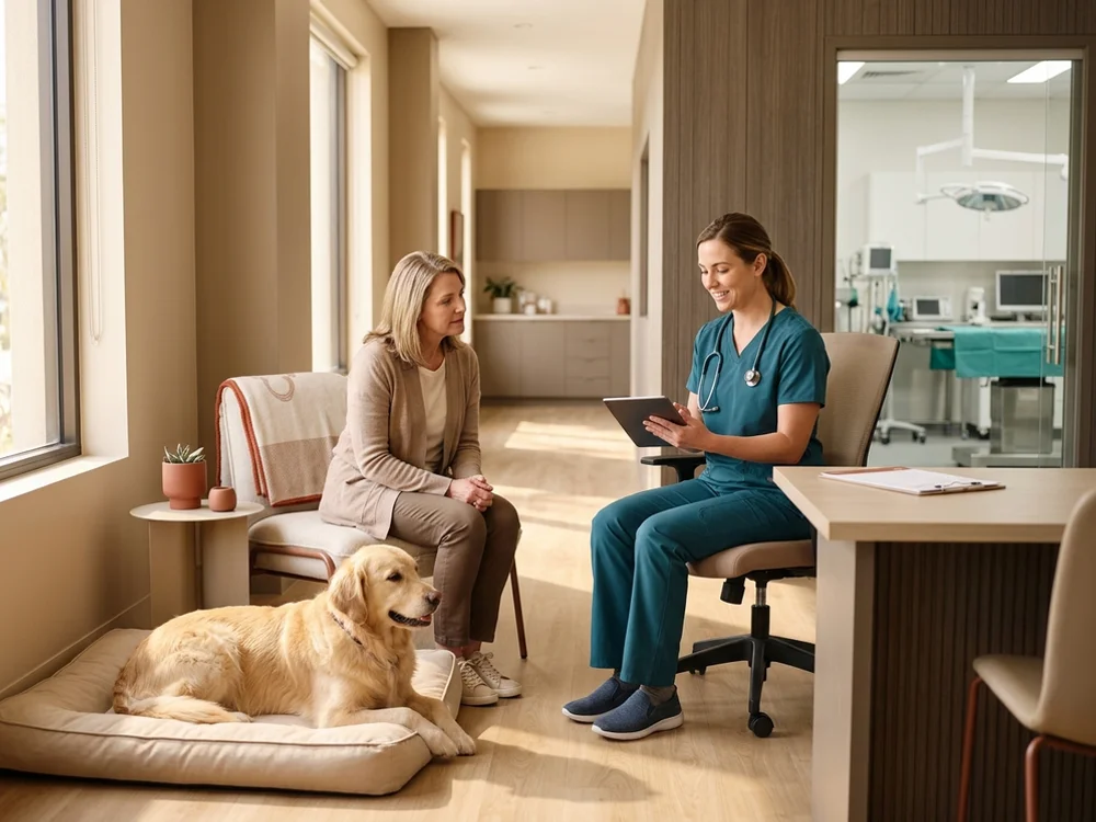 Veterinary surgeon explaining a treatment plan to a dog owner near Wilmington, DE