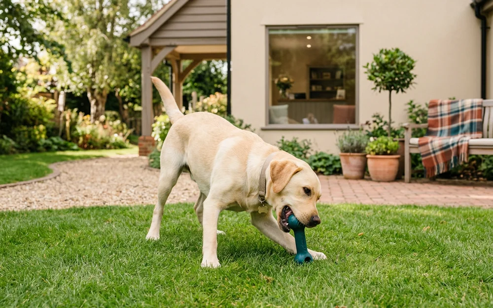 Young labrador playing with an appropriate chew toy away from a gravel path